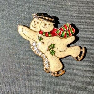 Fugly Snowman Brooch with Red and Green Accents and Bonus Earrings